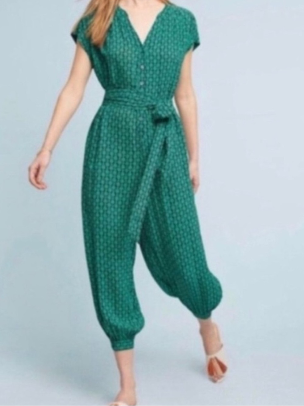 Maeve Green Printed short-Sleeve Tie-Waist Jumpsuit from Anthropologie